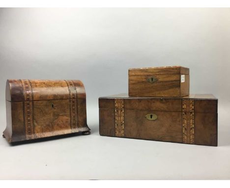 20TH CENTURY LAP DESK, along with a tea caddy and a jewellery casket (3)