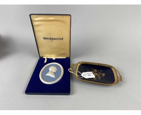 THREE WEDGWOOD JASPERWARE PORTRAIT PLAQUES,depicting the Queen, Prince Phillip and Prince Charles, along with a Limoges dish 