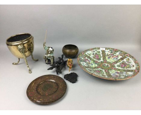 CHINESE FAMILE ROSE CHARGER,37cm diameter, along with a pair of Eastern brass dishes, a bowl on stand, a figure of a fisherma