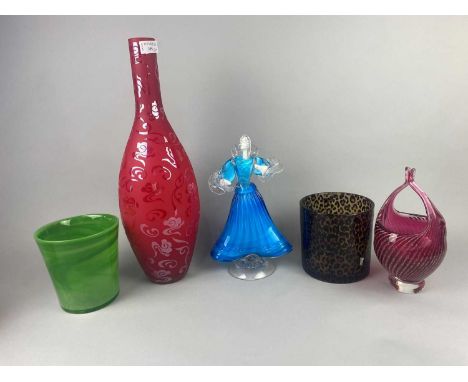 LARGE COLOURED GLASS VASE,49cm high, along with other coloured glass ware including vases, cups and a figure of a female