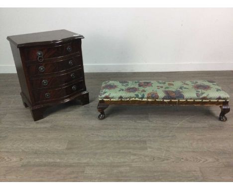 MAHOGANY SERPENTINE BEDSIDE CHEST,42cm wide, along with a hearth stool (2)
