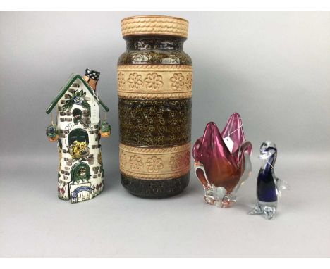 GERMAN POTTERY VASE,40cm high, along with two art glass vases, a comport and a glass penguin figure, also including a pottery