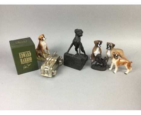 COLLECTION OF BOXER DOG FIGURES,including ceramic and resin exmaples, also a Sylvac dog and a Royal Worcester lady