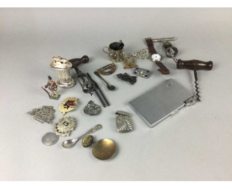 SILVER PLATED MINIATURE TYG,with applied enamelled crest for T.S.S. Letitia, along with cap badges, corkscrews, a Ronson Newp