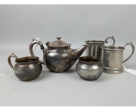 SILVER PLATE THREE PIECE TEA SERVICE,comprising teapot, sugar and cream, along with two pewter tankards, two boxed pewter cab