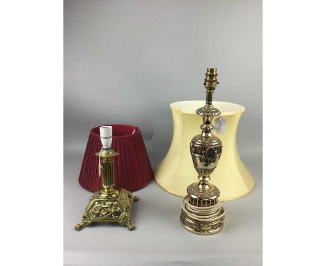 BRASS COLUMN TABLE LAMP,with shade, along with another table lamp (2)