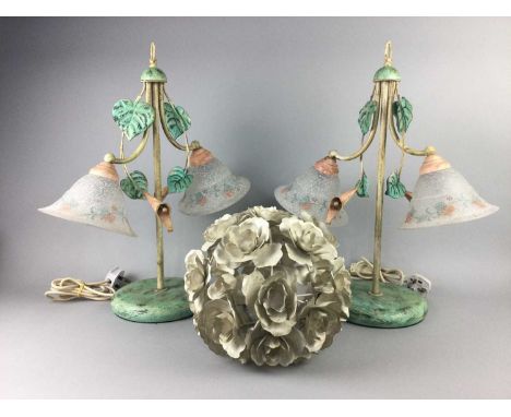 GLASS AND BRASS CEILING LIGHT,along with a pair of table lamps and other lights (5)