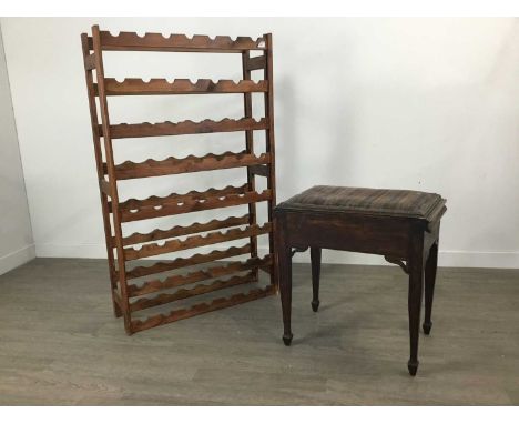 MAHOGANY PIANO STOOL,along with a stained wood wine rack (2)