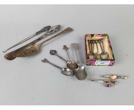 SET OF SIX SILVER THISTLE TOPPED COFFEE SPOONS,along with a silver handled button hook, also other plated items including two