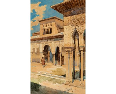 JOSÉ SÁDABA RAMOS (Andalusia, 19th century)."Granada courtyard".Watercolour on paper.Signed and located in the lower right co