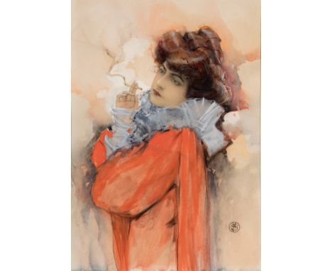 French school, ca 1900."Portrait of a lady.Mixed media watercolour and pencil on paper.Signed with anagram.Size: 36,5 x 25 cm