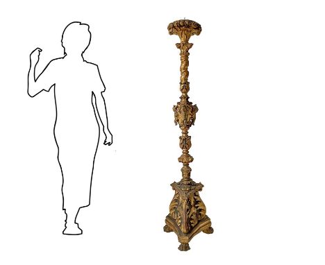 Candlestick in gilded wood, early 19th century h 150x29 cm  