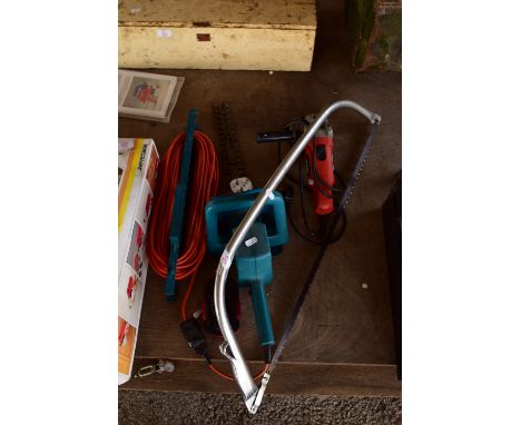 QTY OF TOOLS, ELECTRIC HEDGE TRIMMER, BLACK &amp; DECKER ANGLE GRINDER AND A TREE SAW ETC