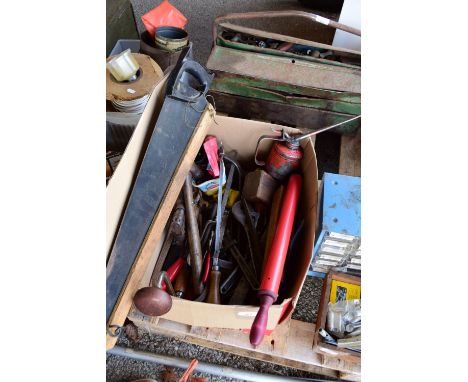 BOX CONTAINING VINTAGE TOOLS, SPANNERS, ADJUSTABLE SPANNERS, SCREWDRIVERS ETC