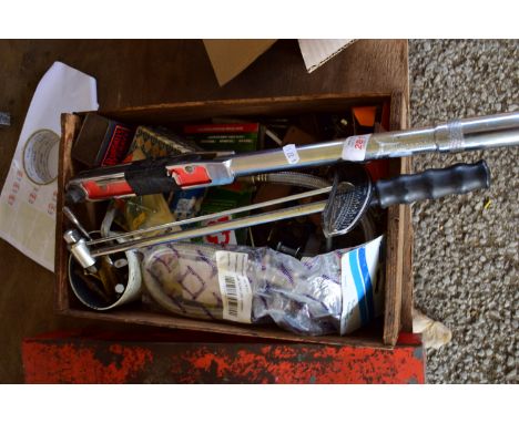 BOX CONTAINING TOOLS, PLUMBING PARTS, SCREWS, RATCHETS ETC
