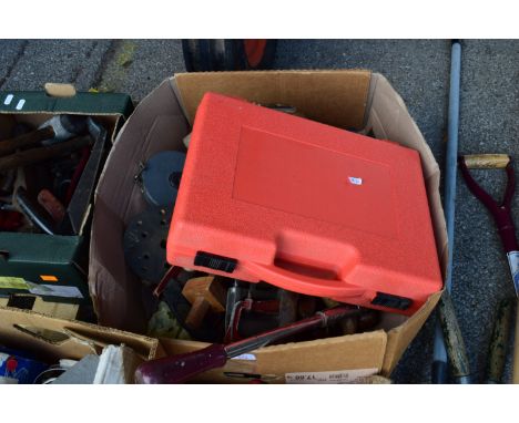 BOX OF MIXED TOOLS, SAWS, SET SQUARES, CHISELS ETC