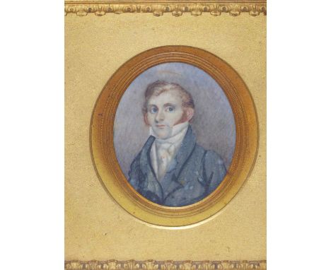 19th century miniaturist. Portrait study of a young gentleman in a high-collared shirt and overcoat, mounted in a decorative 