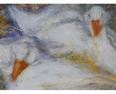 20th century English school. A nest of two- white ducks on straw. Mixed media. Unsigned labelled verso. 48 x 33 cm. 