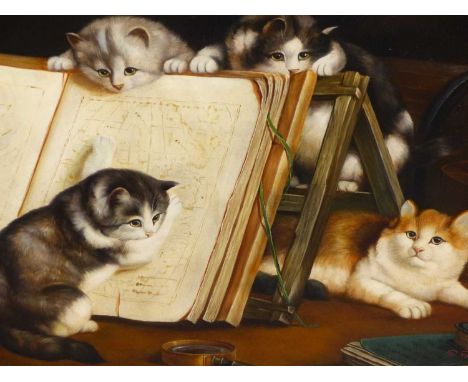 Contemporary after the antique. Kittens are playing on a desk. Bears signature, R. Montes. Oil on canvas. 90 x 60 cm.