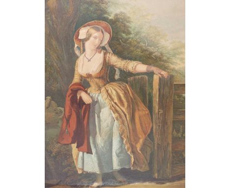 After George Baxter. (1804-1867). A country girl by a gate. Coloured engraving. 45 x 62 cm. 