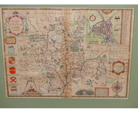 A 17th-century hand coloured map of Worcestershire. First edition 1610. 52 x 39 cm. 