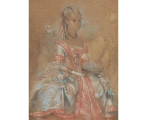 19th century school. Full-length portrait of an elegant lady. Coloured chalk on paper. 36.5 x 49 cm oval.