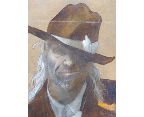 Colin Frooms.(1933-2017). ARR. Portrait in old brown suit. Oil on panel. 27 x 35 cm.