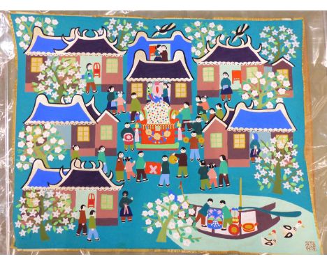 20th century Chinese school. A village gathering. Gouache on paper. Square seal signature lower right. 67 x 53 cm. 