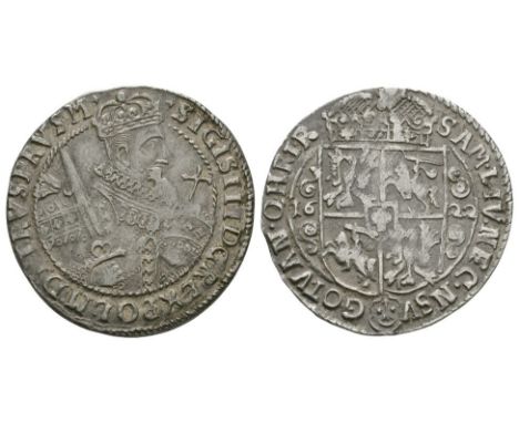 Dated 1622 AD. Bromberg mint. Obv: half bust holding sword and orb with SIGIS III D G REX POL M D ET RVS PRVS M legend. Rev: 