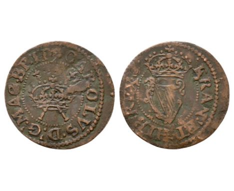 1634 AD. Type 1. Obv: crown over crossed sceptres with CAROLVS D G MAG BRIT legend and 'rose' mintmark. Rev: crowned harp wit