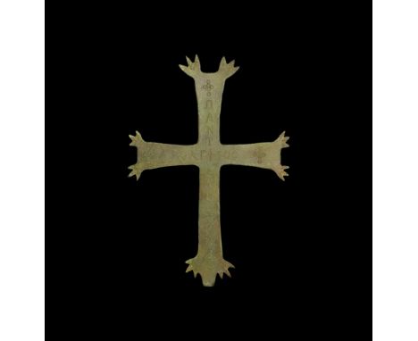 11th century AD. A bronze processional cross with trefoil to each angle, decorated with clusters of annulets and inscription 
