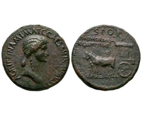 37-41 AD. Mother of Caligula, Rome mint. Obv: AGRIPPINA M F MAT CAESARIS AVGVSTI legend with draped bust right. Rev: S P Q R 