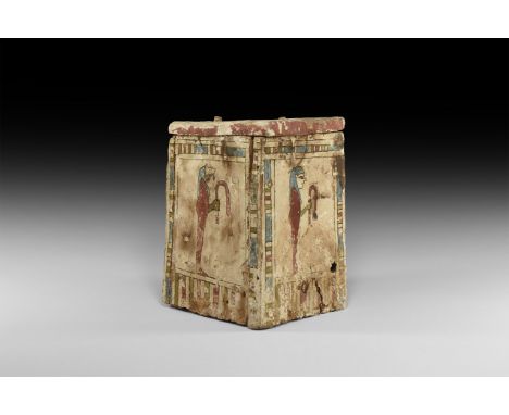 Late Period, 664-332 BC. A wooden shabti box with gesso and pigment; decorated to the sides with the Four Sons of Horus, Imse