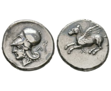 400-330 BC. Obv: Pegasos flying left, lambda below. Rev: head of Athena left, wearing Corinthian helmet, lambda and caduceus 