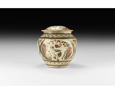Song Dynasty, 960-1127 AD. A glazed ceramic jar with lid, painted b geometric bands to the shoulder and foot, images of water