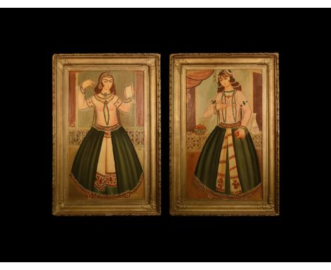 20th century AD. A pair of oil paintings on canvas comprising: a facing standing female holding one end of a necklace in her 