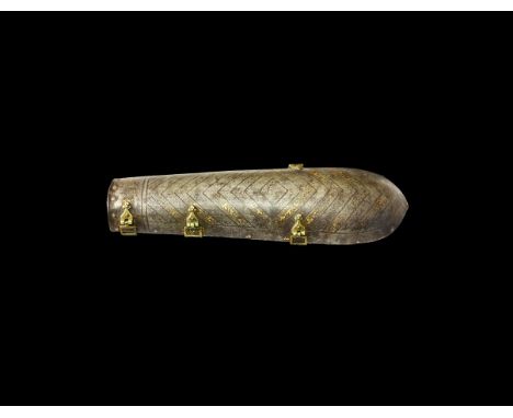 17th-18th century AD. A steel vambrace with rings to the lower forearm for attachment of a mail sleeve; four fastening hasps,