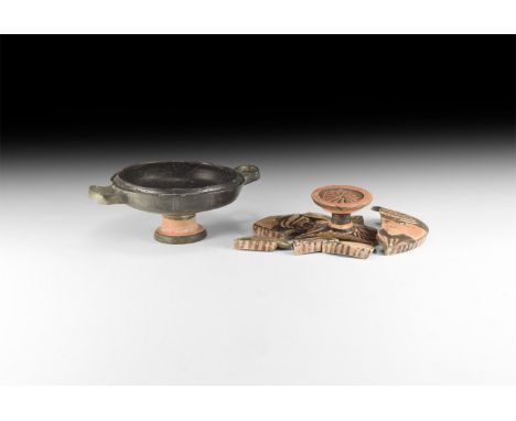 Apulian, 4th century BC. A ceramic red-figure ware lekanis for restoration; with broad shallow bowl, pedestal foot, and two l