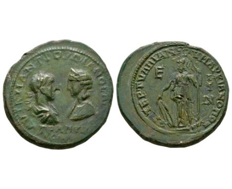 238-244 AD. Magistrate Tertullianos. Obv: AYT K M ANT GORDIANOC AY CEB TRANKYLLEINA legend with confronted busts of Gordian a
