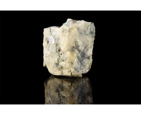 A rashleighite mineral specimen: an inter-mediate member between turquoise and chalcosiderite, with inked label reading: 'Cu 