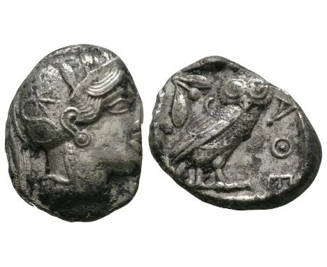 Circa 449-442 BC. Obv: helmeted head of Athena right, eye seen in full, palmette on bowl of helmet. Rev: AQE legend with owl 