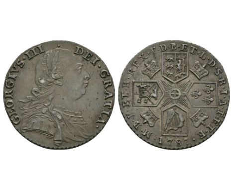 Dated 1787 AD. Early coinages. Obv: profile bust with GEORGIVS III DEI GRATIA legend. Rev: cruciform arms with crowns and M B