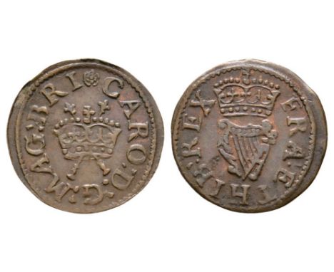 Circa 1633 AD. Type 6, obverse 2/reverse 2. Obv: crown over crossed sceptres with CARO D G MAG BRI legend and 'double rose' m