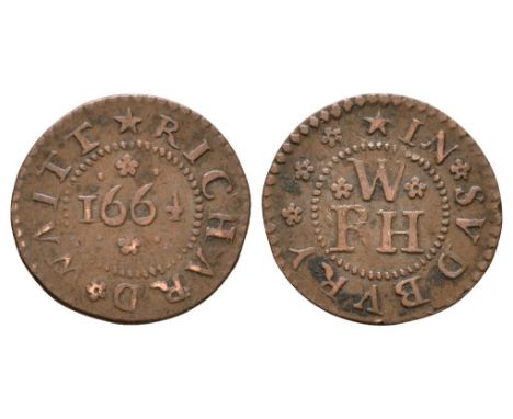 Dated 1664 AD. Richard Waitt, Sudbury, Suffolk. Obv: date with RICHARD WAITT legend. Rev: initials W over R H with IN SVDBVRY