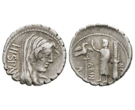 81 BC. Rome mint. Obv: HISPAN behind veiled bust of Hispania right. Rev: A POST A F S ALBIN legend with AL in monogram with t