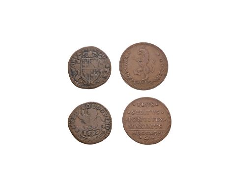 Dated 1699 and 1797 AD. Innocent XII, 1699. Obv: arms with BONONIA DOCET legend. Rev: half rampant lion with date in cartouch