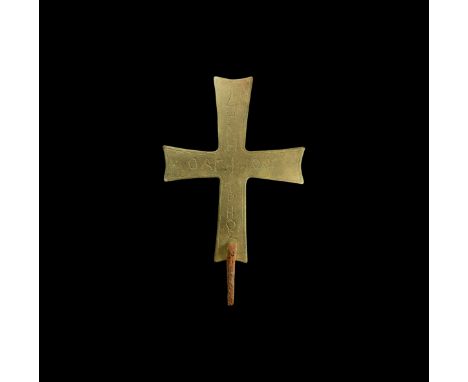 11th century AD. A bronze processional cross with iron attachment spike, incised legend 'OA???C ????????C' (Saint Demetrios")