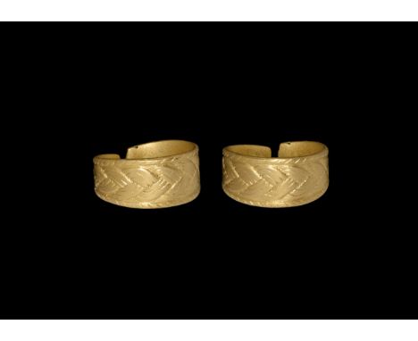 9th-11th century AD. A gold penannular finger ring with butted ends, median panel with knotwork ornament. Cf. Sedova, M. V. Y