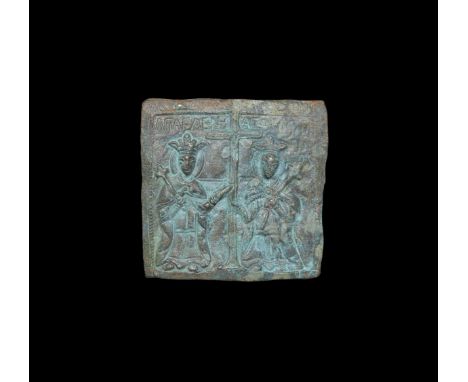 17th-18th century AD. A flat-section bronze plaque with fixing hole to two corners, low-relief image to the obverse with two 