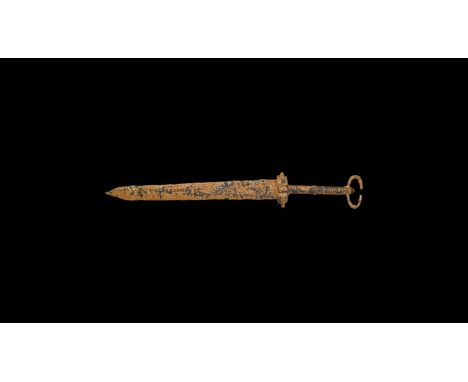 Hallstatt Culture, 6th century BC. An iron dagger with short flat-section leaf-shaped blade, rectangular grip with projecting